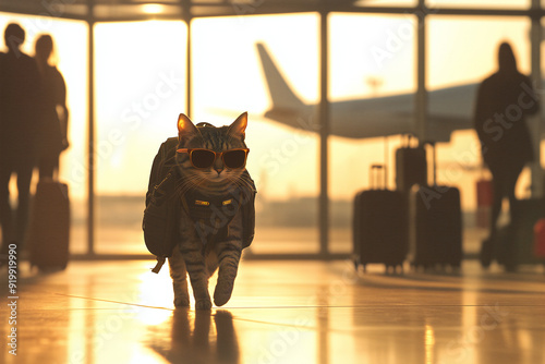 Cat wearing sunglasses and a backpack, standing confidently in an airport terminal with an airplane in the background. photo