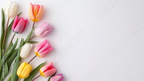 Pink and White Tulips on Light Pink Background, Minimalist Floral Design for Marketing, Banners, and Social Media with Copyspace for Text

