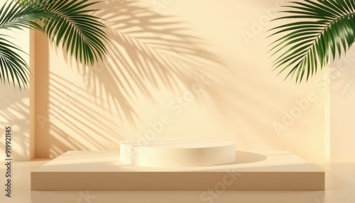 Beige Podium With Palm Leaf Shadows.