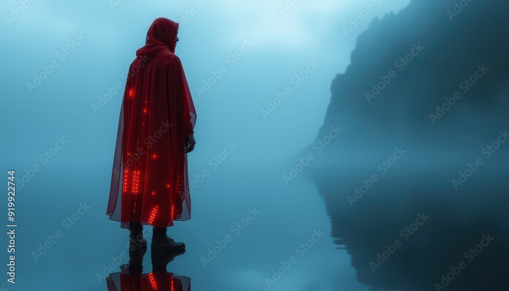 Fototapeta premium Mysterious Figure in Red Cape Standing on Water.