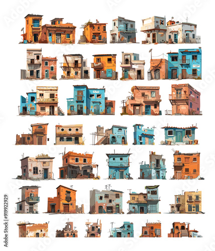 Abandoned dwellings cartoon vector collection. District slums aged derelict structures decay huts impoverished enclave low quality criminal neglected scrapyard buildings, isolated arts