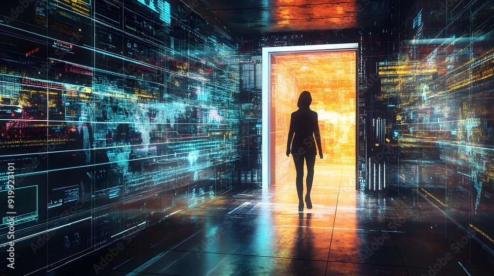 Digital transition concept with a person entering a futuristic data environment Digital transition concept with a person entering a futuristic data environment