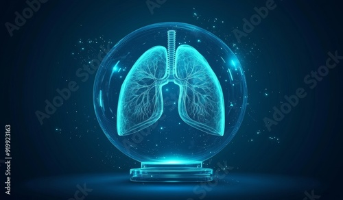 An abstract blue human lung surrounded by a neon sphere shield. Health care protection medical concept. Futuristic low poly style. Geometric background. Wireframe light connections.