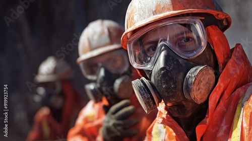 Generate a photo realistic image of workers demonstrating the use of various PPE such as gloves, goggles, and masks, with clear instructions and safety guidelines visible photo