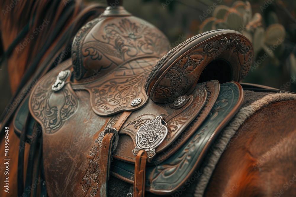 A detailed close-up of a handcrafted leather saddle on a muscular horse, reflecting medieval traditions and equestrian nobility. A detailed close-up of a handcrafted leather saddle on a muscular horse, reflecting medieval traditions and equestrian nobility.