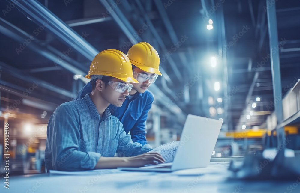 Two asian factory industrial plant workers review engineering drawings on paper and on a laptop - professional industry line workers in a clean, bright factory wearing safety gear