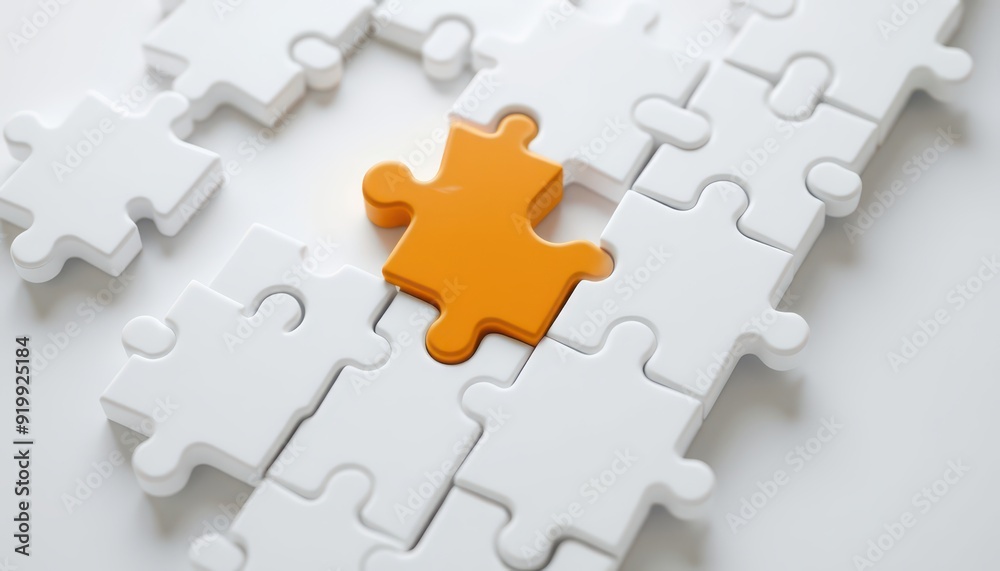 White Puzzle Pieces With One Orange Piece. White Puzzle Pieces With One Orange Piece.