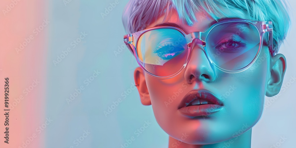 Neon portrait of a stylish woman with short hair and large sunglasses Neon portrait of a stylish woman with short hair and large sunglasses