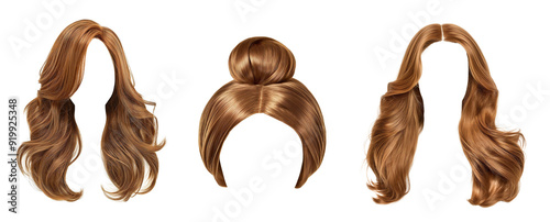 3 isolated cutouts of female long brunette hair without background