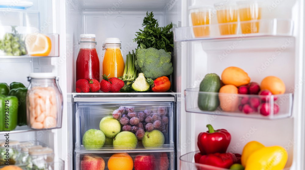 A fridge with two doors is open, showing fresh fruits, vegetables, juice, and other healthy food items. It's an electric kitchen appliance that's great for storing food. A fridge with two doors is open, showing fresh fruits, vegetables, juice, and other healthy food items. It's an electric kitchen appliance that's great for storing food.