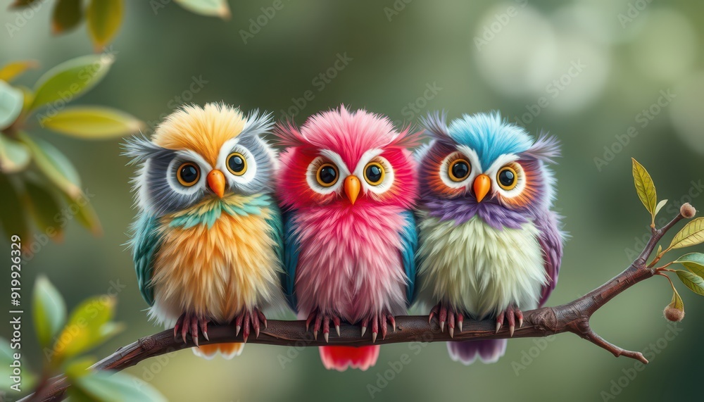 Obraz premium Three Colorful Owls Perched on a Branch.