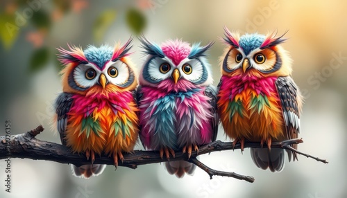 Three Colorful Owls Perched on a Branch.