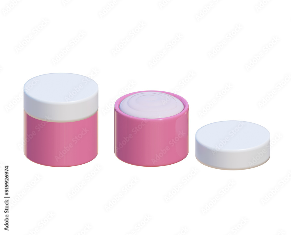 Cosmetic jar, pot glass container with body, face cream. Realistic packaging mockup template with pink cap. Isolated on white. 3D rendering Cosmetic jar, pot glass container with body, face cream. Realistic packaging mockup template with pink cap. Isolated on white. 3D rendering