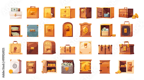 Bank unlocked vault cartoon vector collection. Safe banknotes gold coins bars steel metal cash storage containers deposit treasure keeping safety assets boxes isolated on white background