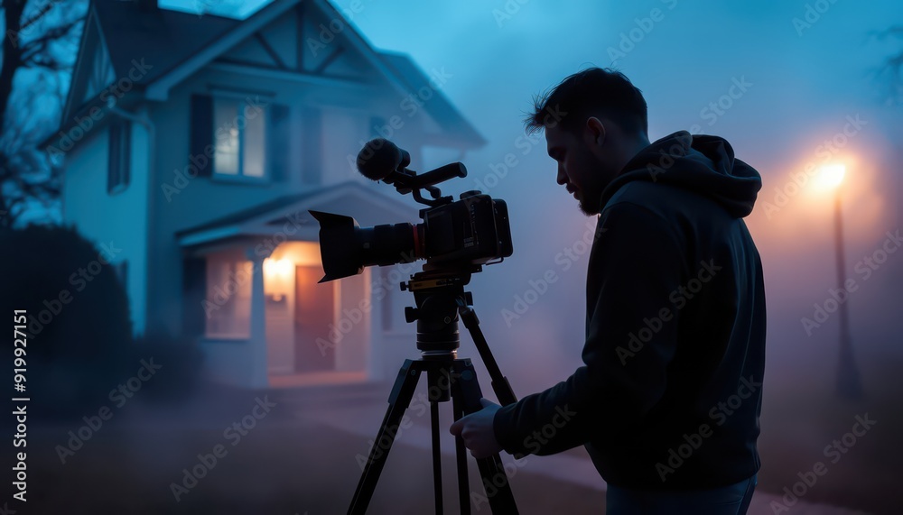 Fototapeta premium Videographer Filming in Fog at Night.