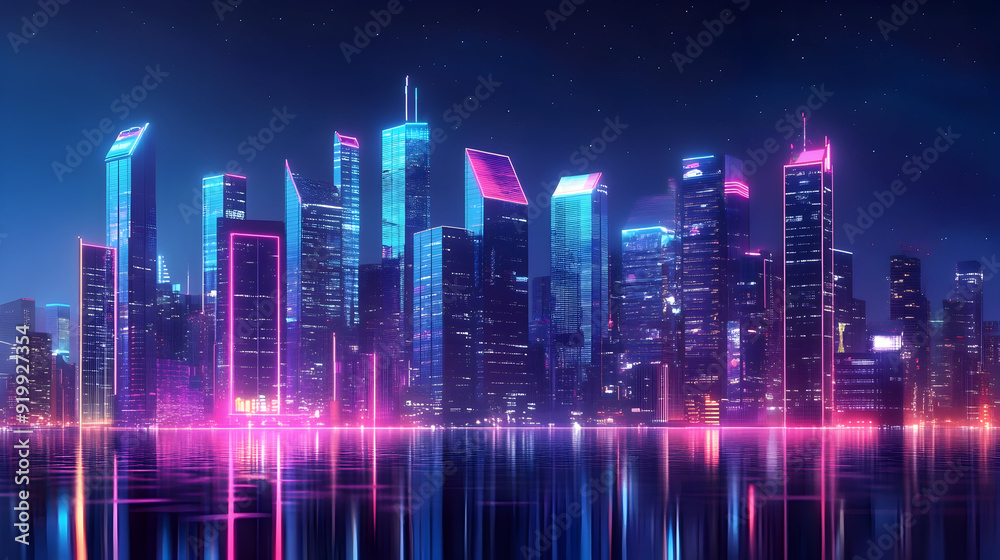 Futuristic city skyline illuminated by neon lights