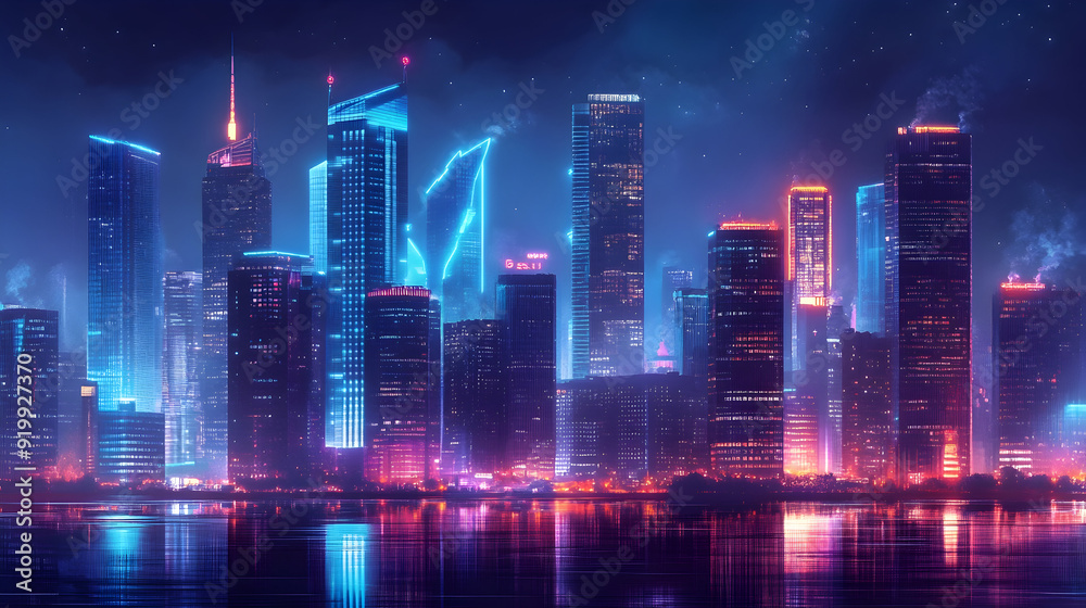 Futuristic city skyline illuminated by neon lights Futuristic city skyline illuminated by neon lights