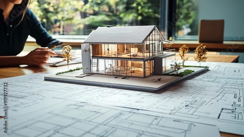 architecture model on top of blueprints in construction site