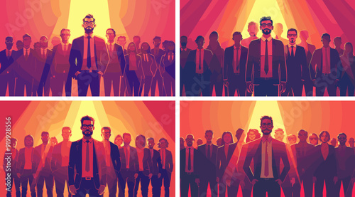 Business leader amidst crowd cartoon vector senes. Bearded individual suit google man executive hiring human resources focus personnel searching selecting team members success applicant concepts