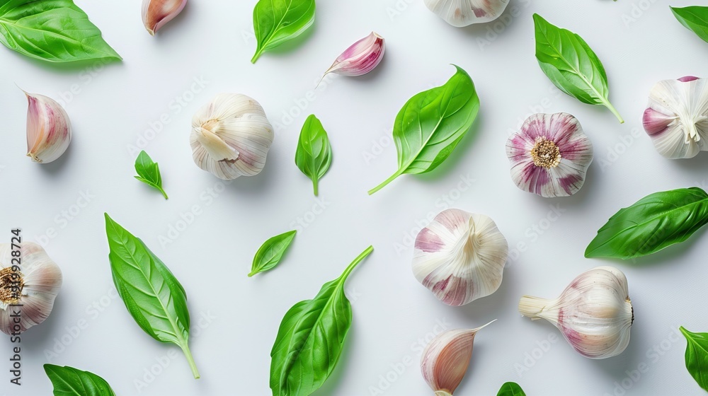 Fresh Garlic Bulbs and Green Basil Leaves Pattern on White Background, Ideal for Culinary Themes Fresh Garlic Bulbs and Green Basil Leaves Pattern on White Background, Ideal for Culinary Themes