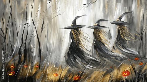Halloween Scene of Three witches gliding through a ghostly forest with glowing jack-o'-lanterns