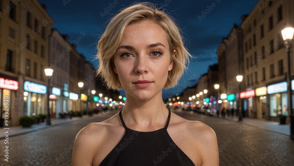 Urban Elegance Stunning Woman with Short Blonde Hair in Black Dress at Night Urban Elegance Stunning Woman with Short Blonde Hair in Black Dress at Night