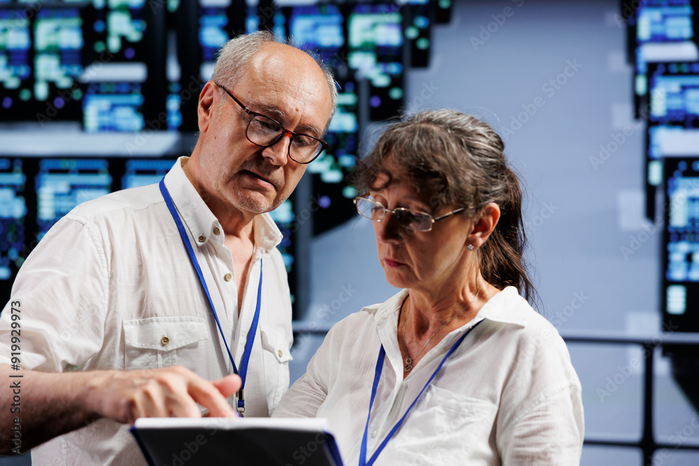 Fototapeta premium Old coworkers monitoring data center clusters, optimizing them for data processing requirements of AI applications. Skilled admins working in server room used for machine learning
