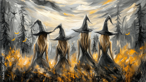 Halloween Scene of Four witches standing in an eerie forest at twilight, surrounded by glowing autumn colors
