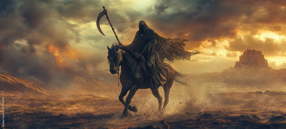 Grim Reaper riding a dark, spectral horse Grim Reaper riding a dark, spectral horse