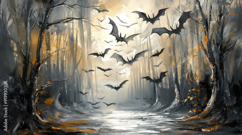 Halloween scene of Flock of vampire bats soaring through a misty, eerie forest at twilight