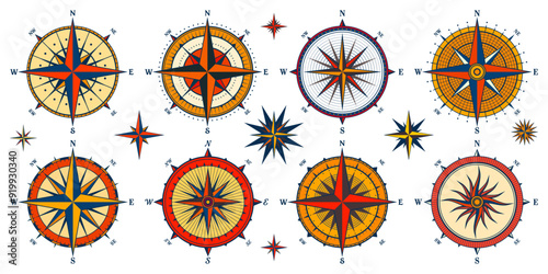 Vintage marine wind rose, nautical chart. Colorful navigational compass with cardinal directions of North, East, South, West. Geographical position, cartography and navigation. Vector illustration
