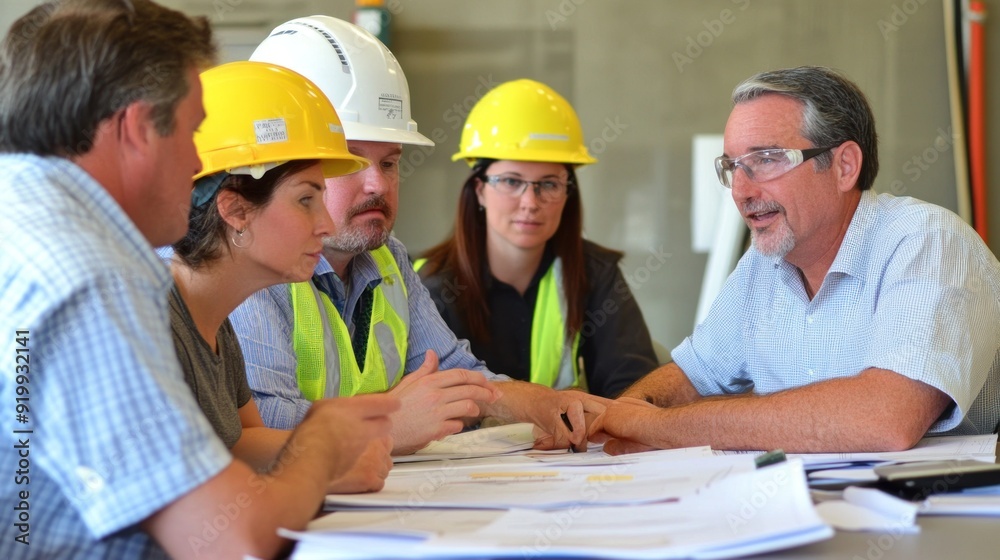 Generate a photo realistic image of a safety committee reviewing workplace safety policies, with policy documents, committee members discussing, and policy revision process visible Generate a photo realistic image of a safety committee reviewing workplace safety policies, with policy documents, committee members discussing, and policy revision process visible