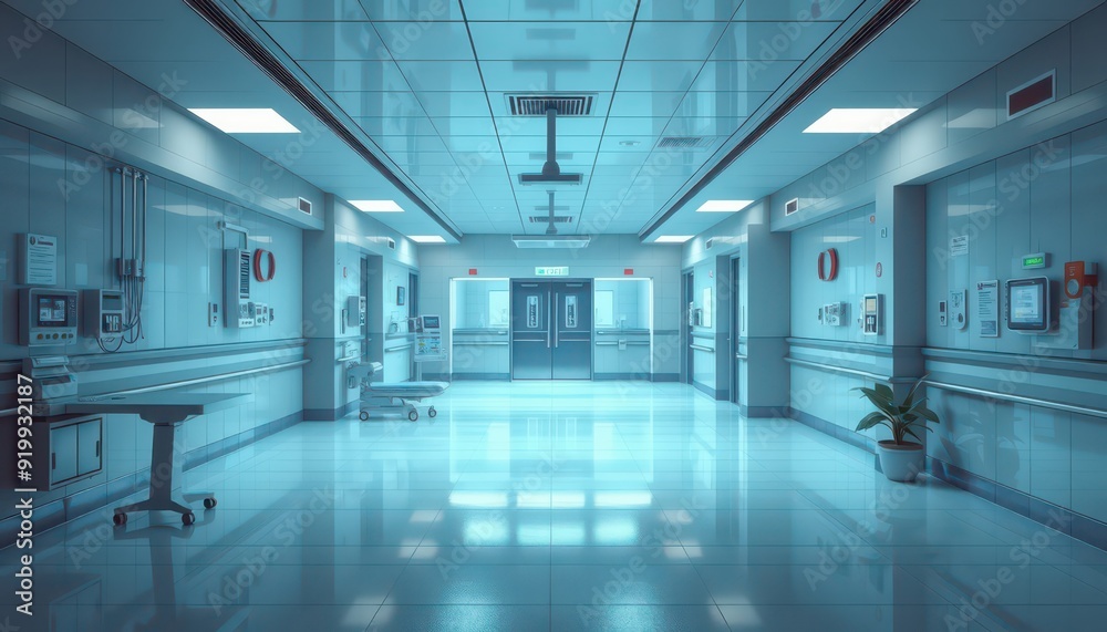 Modern hospital corridor with tiled floor and emergency exit signs. Modern hospital corridor with tiled floor and emergency exit signs.