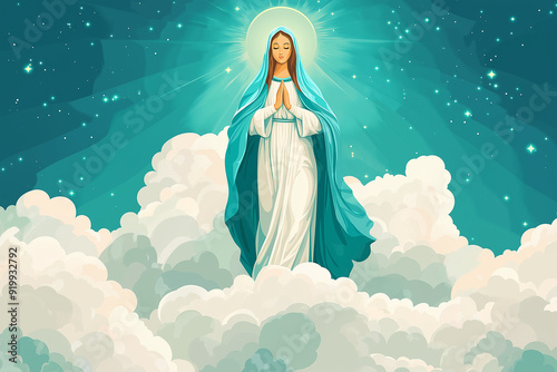 Illustration of Virgin Mary ascending to heaven on clouds