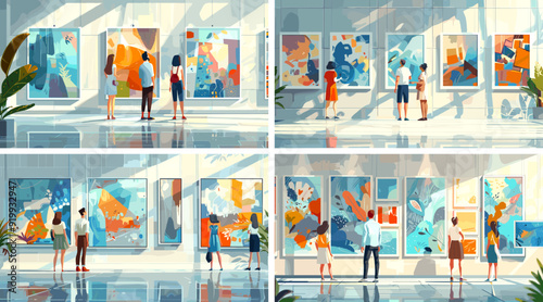Contemporary art museum cartoon vector scenes. Persons male female diverse observing abstract oil artworks viewers figures characters gallery visitors inventive concepts