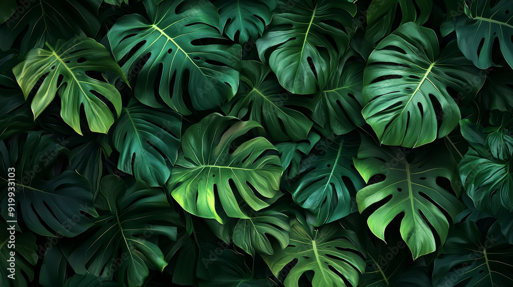 Fototapeta premium Deep green leaves create a natural background, perfect for a wallpaper or cover page with a tropical vibe.