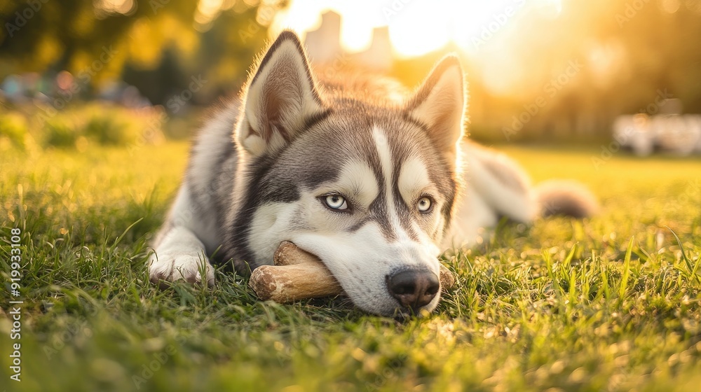 The Siberian husky lies on the grass, holding a wooden stick in his mouth, the dog is resting outdoors in the rays of the golden evening sun The Siberian husky lies on the grass, holding a wooden stick in his mouth, the dog is resting outdoors in the rays of the golden evening sun
