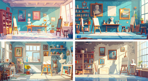 Creative studio cartoon vector scenes. Easels sculptures window paints racks brushes artworks drawing educational artistic interior space art classroom bright illustrations
