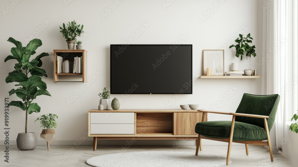 Green armchair and TV stand with decor on white wall in living room.