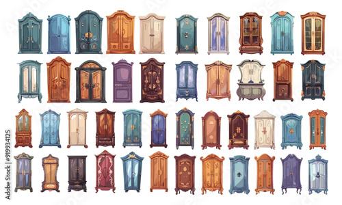 Cupboards cartoon vector set. Wood cabinets furniture storage containers classic old modern servers interior elements, illustrations isolated on white background