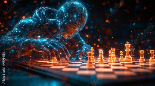 A digital chessboard with holographic pieces symbolizing AI in business strategy.