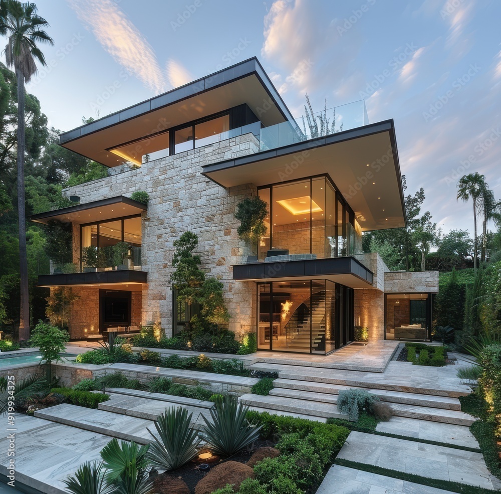 Modern exterior of a stylish residence in Beverly Hills, Los Angeles during twilight with landscaped gardens and pool Modern exterior of a stylish residence in Beverly Hills, Los Angeles during twilight with landscaped gardens and pool