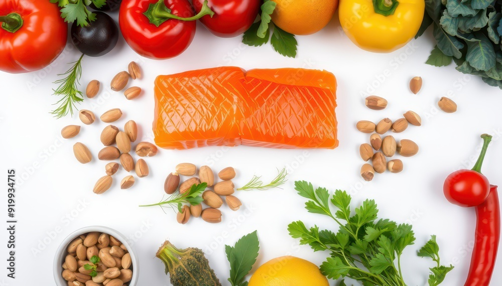Healthy Food Arrangement with Salmon, Vegetables, and Nuts. Healthy Food Arrangement with Salmon, Vegetables, and Nuts.