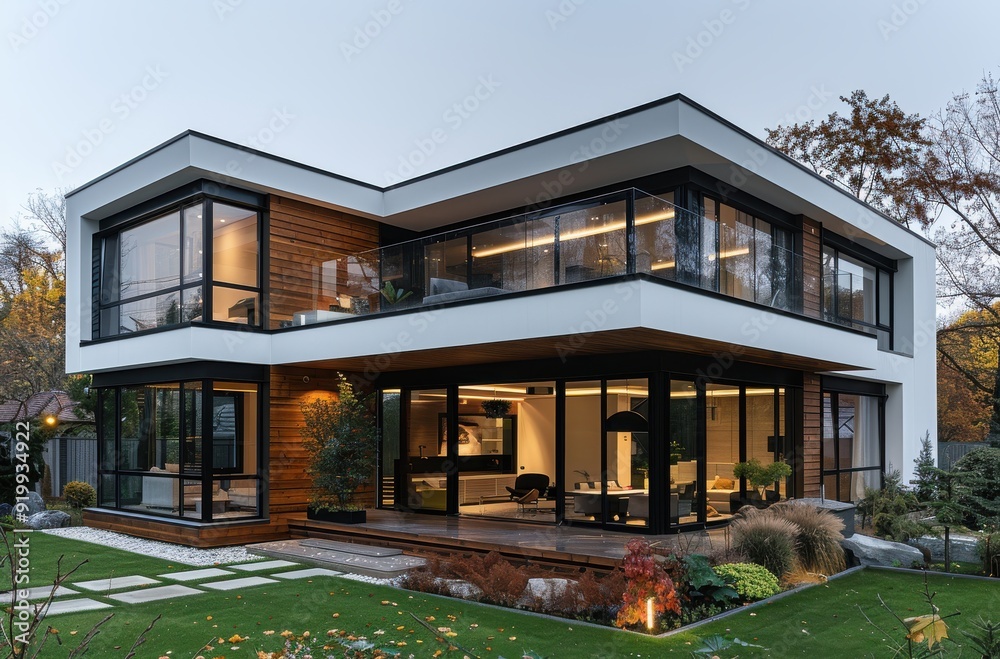 Modern two-story house featuring wooden and white exteriors in a serene outdoor setting during fall Modern two-story house featuring wooden and white exteriors in a serene outdoor setting during fall