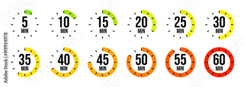 Simple stopwatch icons. Colorful chronometer, time counter with dial. Countdown timer showing hours and minutes. Deadline, measurement for sport. Cooking time label, sticker. Vector illustration