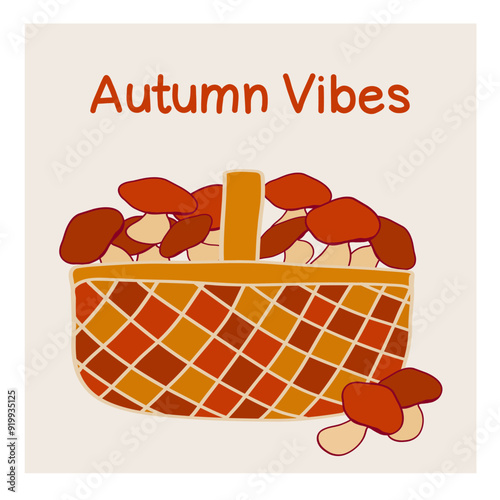 Basket filled with mushrooms showcasing autumn vibes in warm tones and playful design