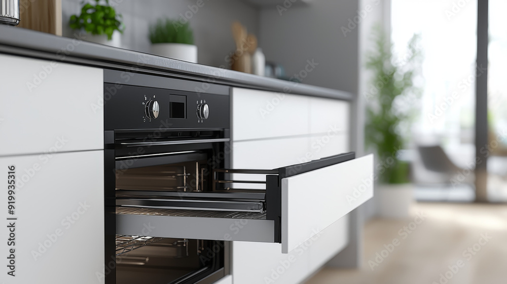 Modern kitchen featuring a built-in oven and white storage drawers. Modern kitchen featuring a built-in oven and white storage drawers.