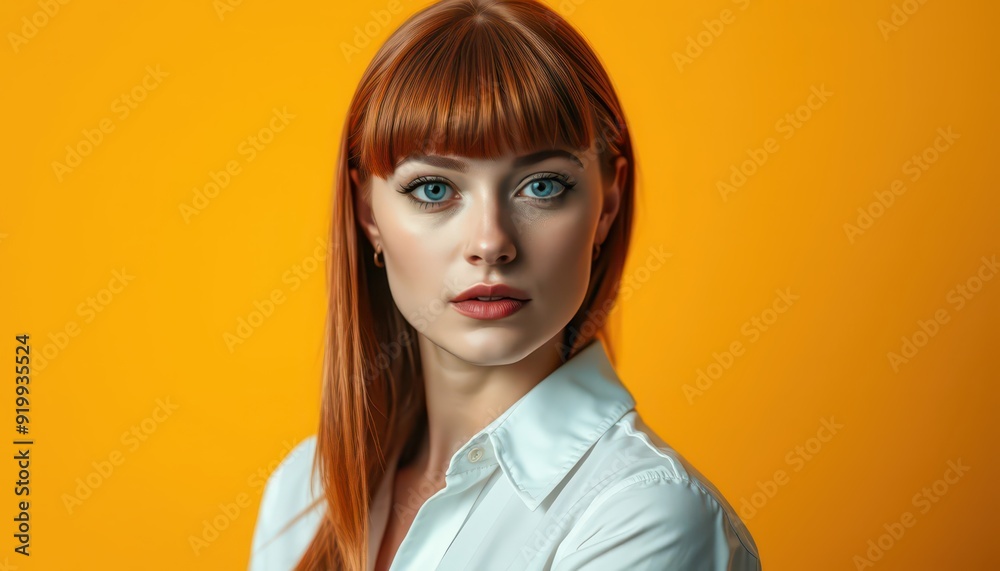 Portrait of a woman with red hair and blue eyes. Portrait of a woman with red hair and blue eyes.