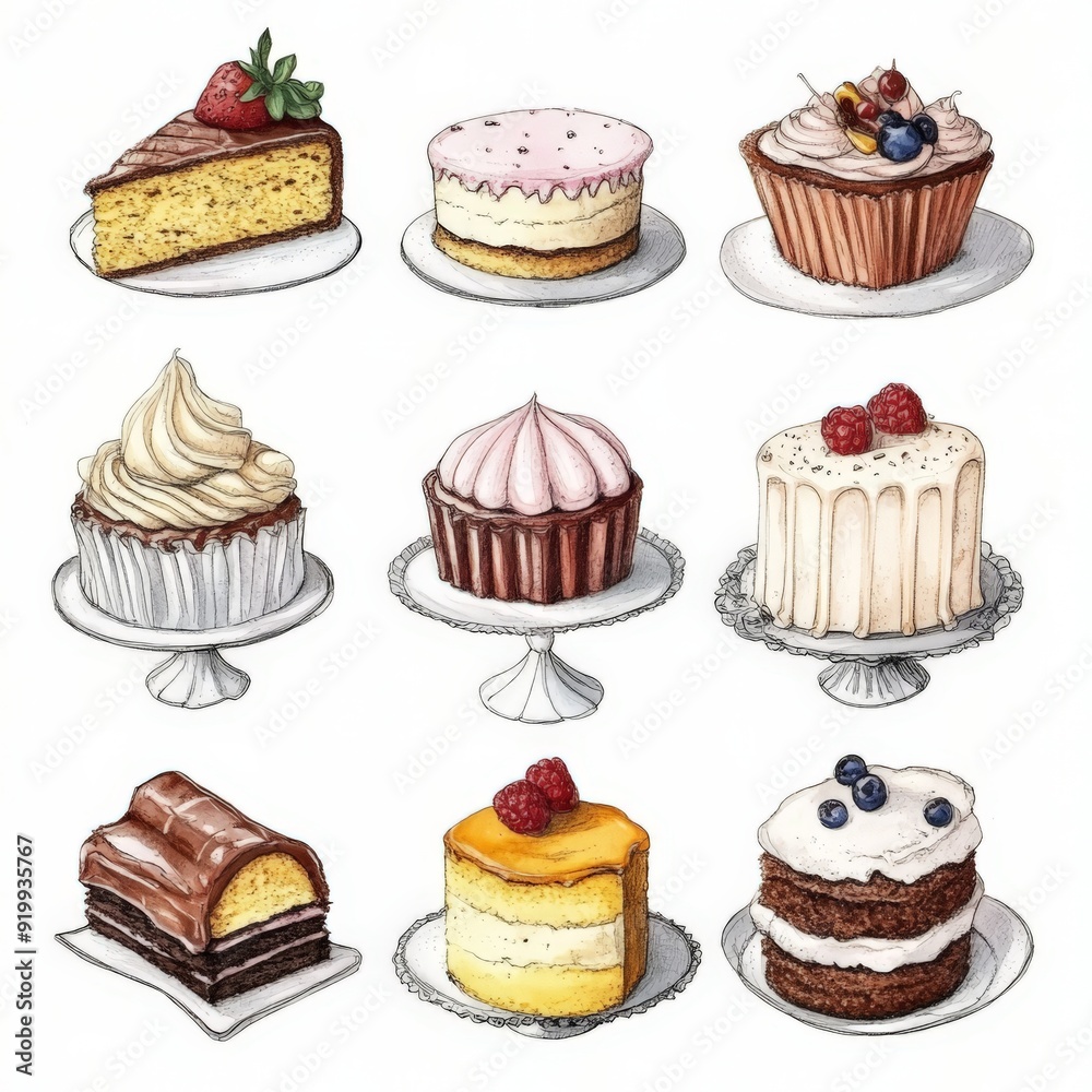 set cakes with cherries, flowers, on white set cakes with cherries, flowers, on white