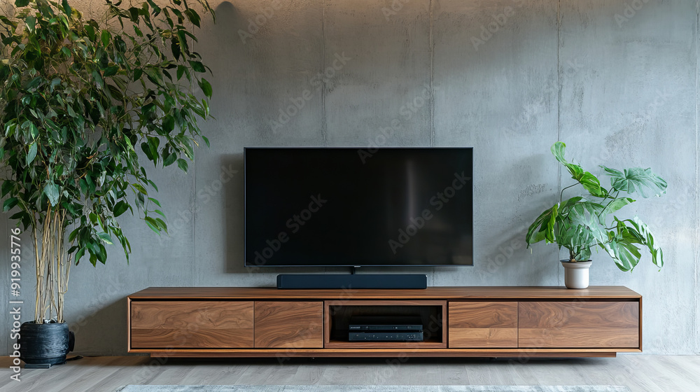Modern living room with a TV on a wooden cabinet against a concrete wall with a plant. Modern living room with a TV on a wooden cabinet against a concrete wall with a plant.